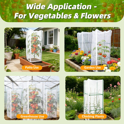 NRWRTY 3 Pack Square Tomato Cages with 3 Plant Covers, 47 Inch Tall Cages for Tomato, Tomato Trellis with Bird Netting, Vertical Garden Trellis for Climbing Plants Vegetables in Outdoor