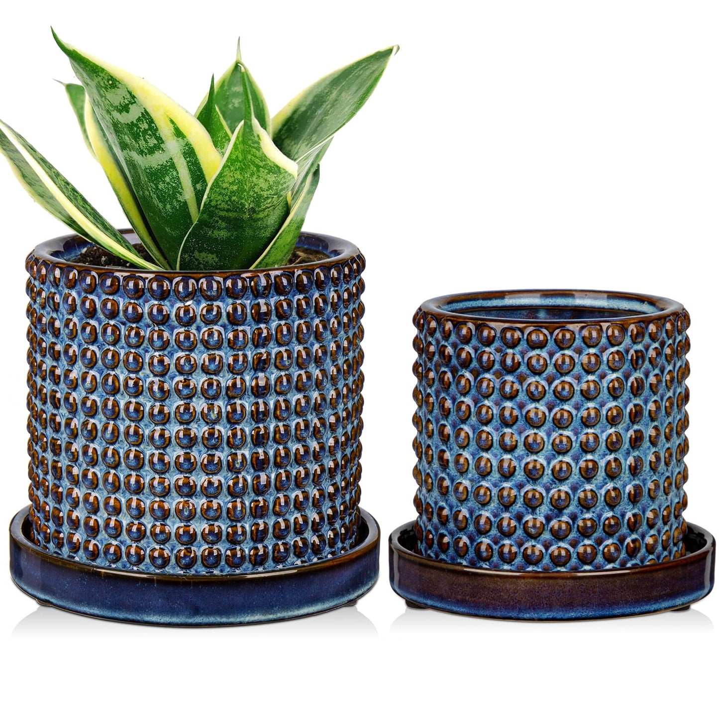 DILATATA Set of 2 Ceramic Planter Pots with Drainage Hole and Saucer, Round Flower Pot Hobnail Modern Planter Pots for Indoor & Outdoor Plants - 4 Inch & 6 Inch, Blue