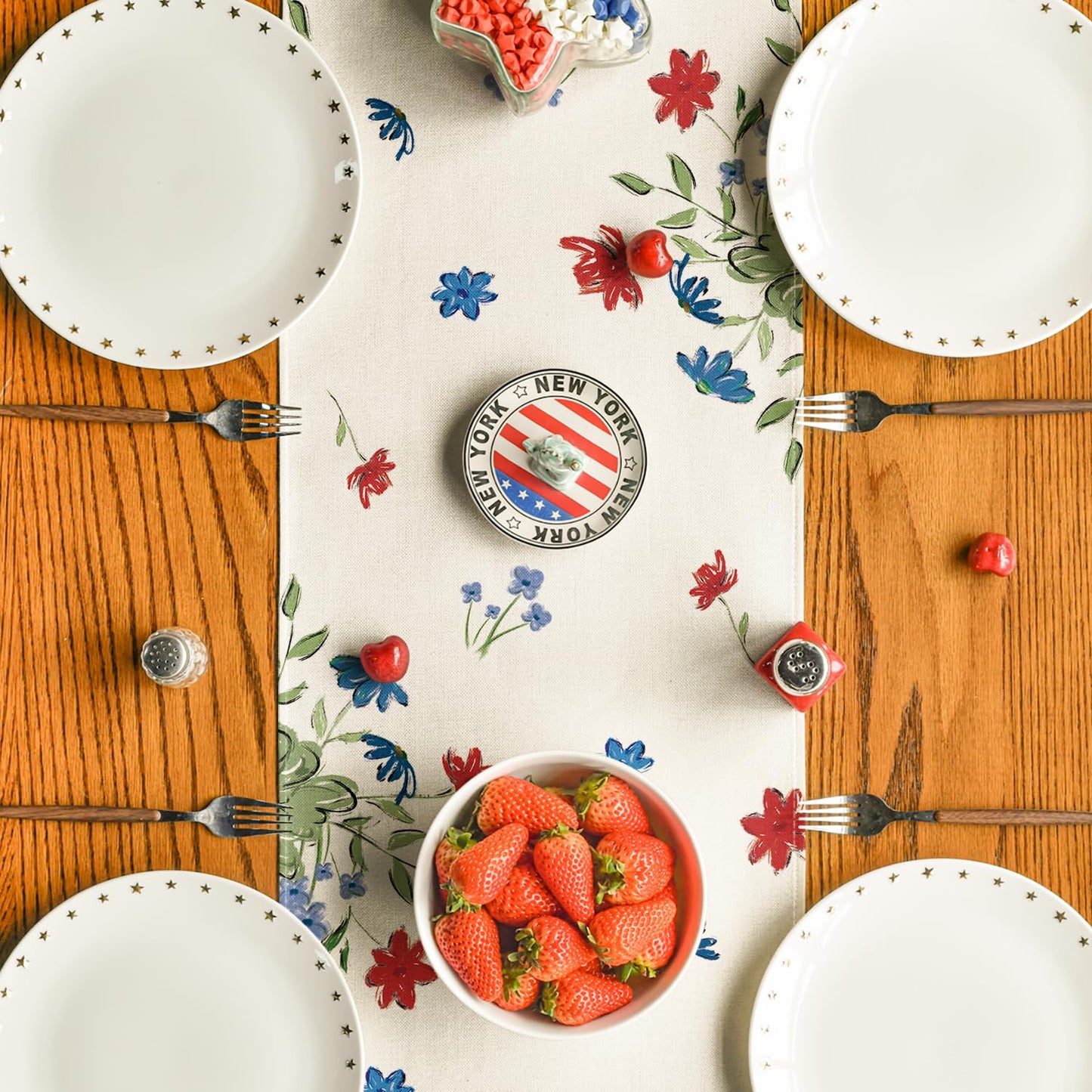 Artoid Mode Cross Star Floral Patriotic 4th of July Table Runner, Memorial Day Kitchen Dining Table Decoration for Home Party Decor 13x120 Inch