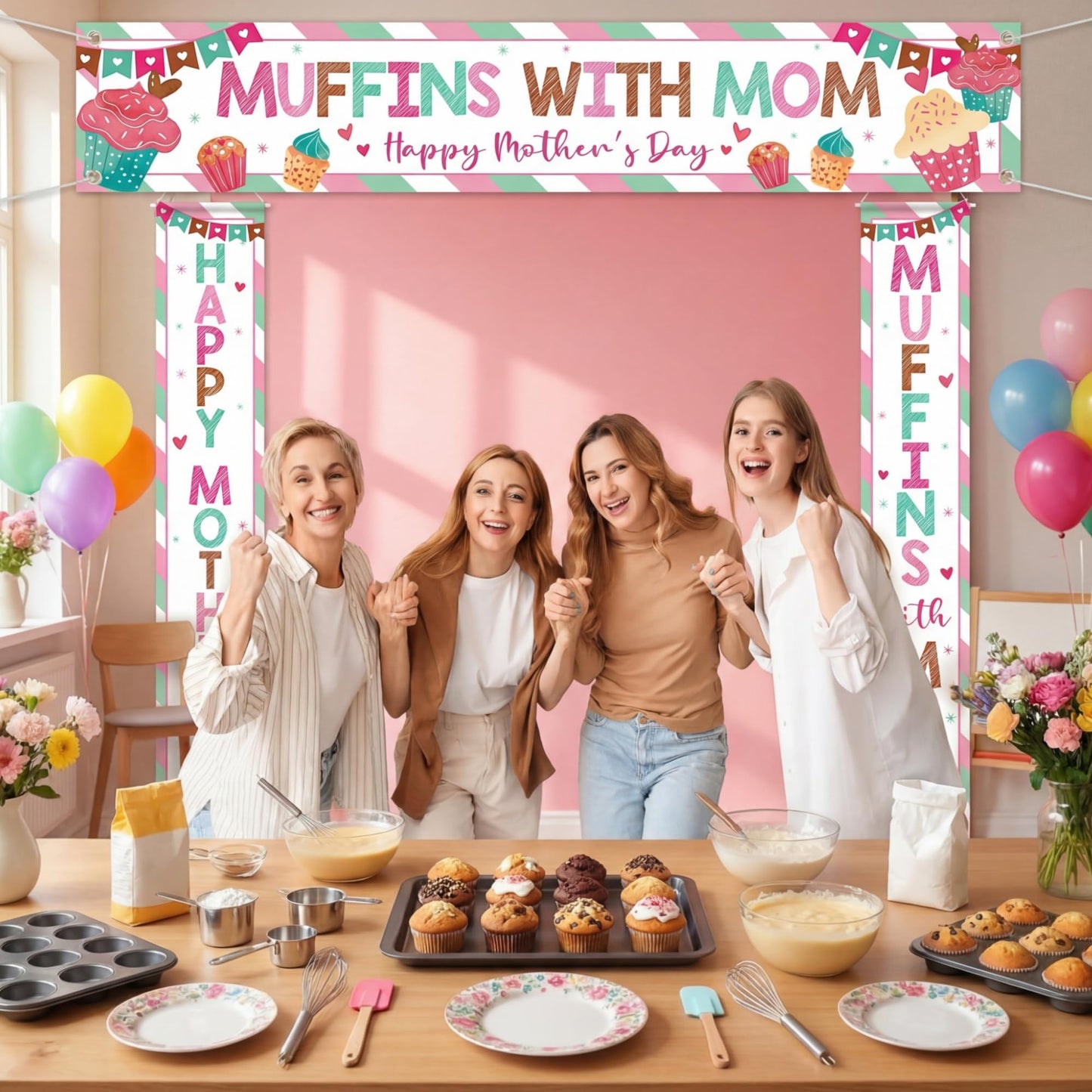 Fanfanwin 3 Pcs Happy Mother's Day Banner Muffins with Mom Decoration Mothers Day Banner Cake Love Mom Thank You Mama Party Supplies for Women Mama Wife Photo Booth Studio Props