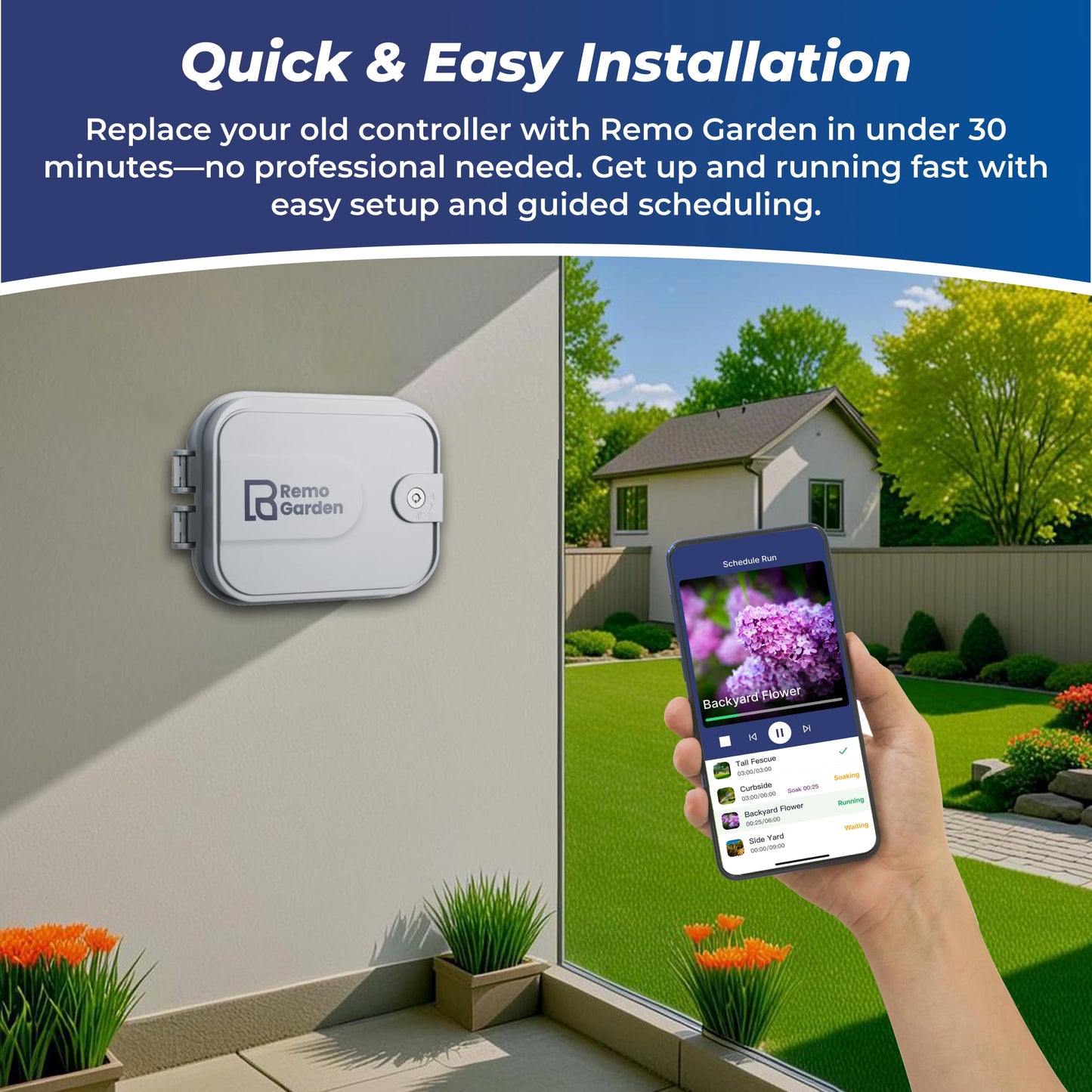 Remo Garden Smart Sprinkler Controller, 4 Zones Wi-Fi Irrigation System, Hyper-Local Weather Intelligence, Automatic Rain Skip, Compatible with Alexa