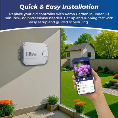 Remo Garden Smart Sprinkler Controller, 4 Zones Wi-Fi Irrigation System, Hyper-Local Weather Intelligence, Automatic Rain Skip, Compatible with Alexa