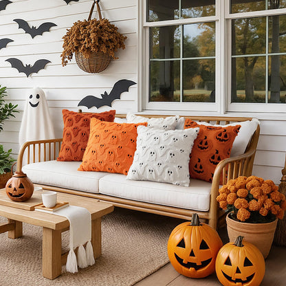 MIULEE Halloween Pillow Covers Cute Ghost Spooky Throw Pillows Set of 2 Soft Plush Faux Fur Fall Decorative Cushion Covers for Couch Sofa Bed Porch Living Room Autumn Decor 18x18 inch Orange