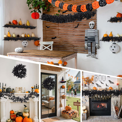 ZeKonan Black Artificial Flowers Eucalyptus Garlands Halloween Garland Black Leaf Garland with Flowers Fake Floral Greenery for Halloween Party Decor Home Backdrop Wall Fall Decor