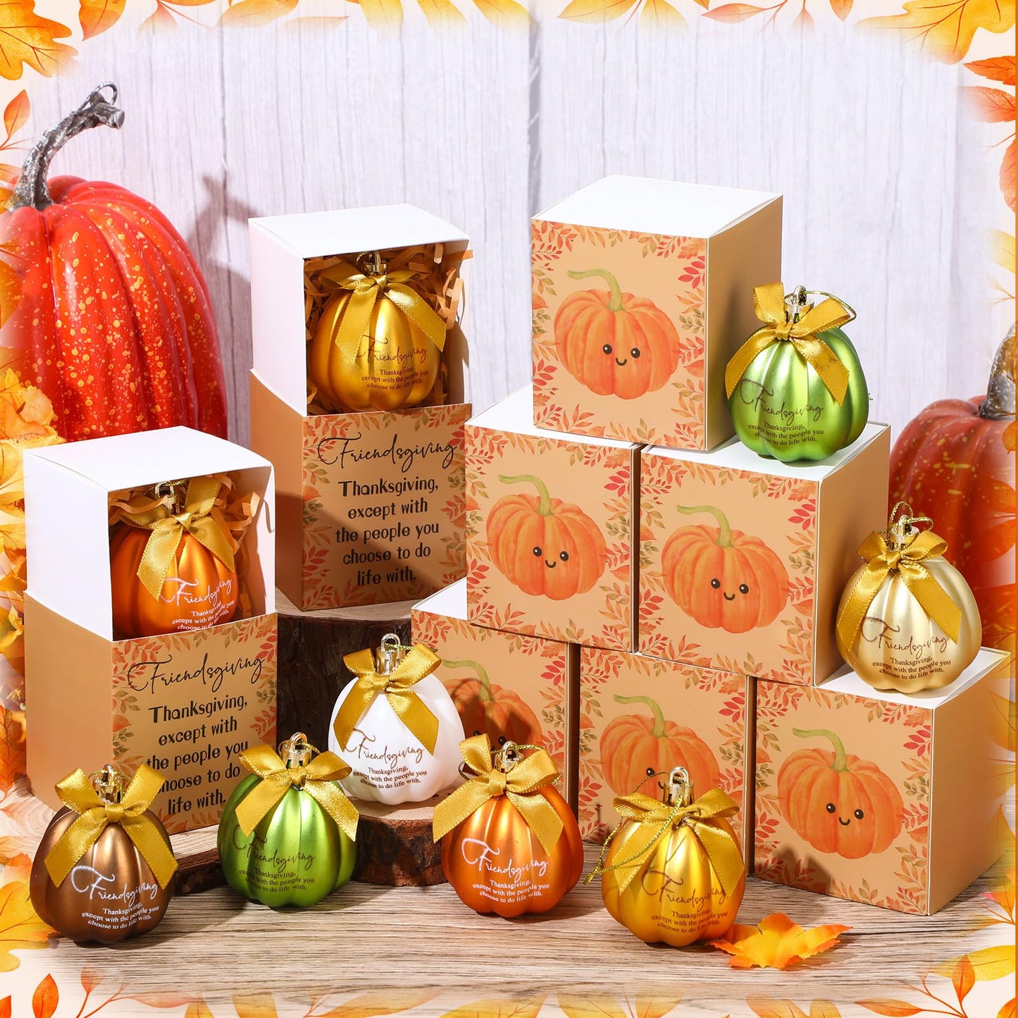 Jenaai 24 Sets Christmas Friendsmas Gifts Bulk Fall Flat Pumpkin Christmas Tree Ornaments Mini Fall Flat Pumpkin Hanging Ornaments with Thank You Box Tree Ball Decorations for Friends Sisters Women