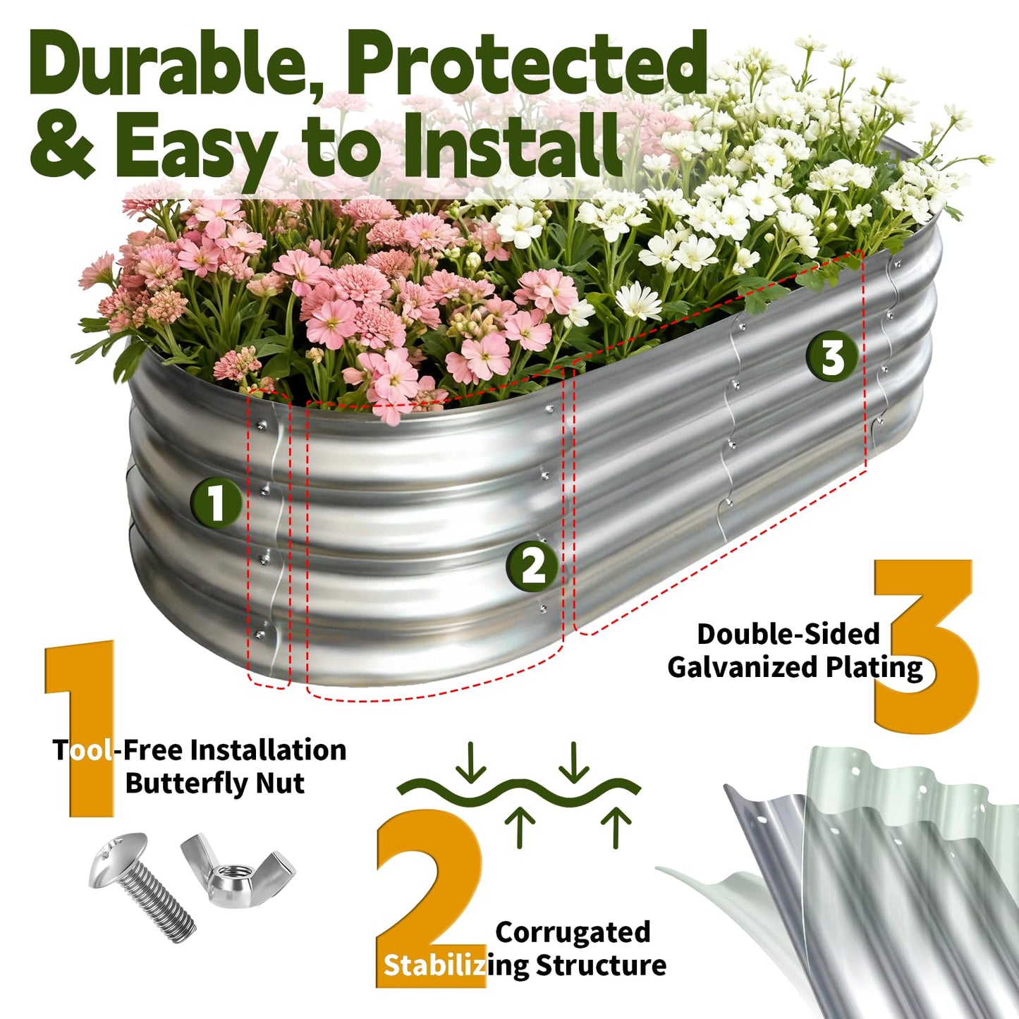 Vivagarden Galvanized Raised Garden Bed Outdoor, Large Raised Bed for Gardening, 4x2x1ft Metal Planter Box for Vegetables, Fruits, Flowers, Easy Assembly with Wing Nuts & Safe Rolled Design, Silver