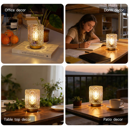 Battery Operated Lamp,Cordless Samll Glass Accent Lamp with Timer for Nightstand,Warm White Cozy Ambient Decorative Table Lamps for Shelf/Dorm/Office Cubicle/Desk/Entryway/Bedside(Iridescent Clear)