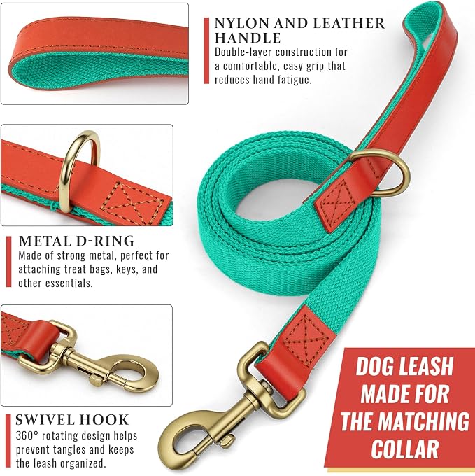 Dog Collar and Leash Set with Metal Quick Release Buckle, Adjustable, Breathable Nylon, Durable, Soft and Comfortable, No Pull for Walking and Training, Cyan, XL (16.9"-26")