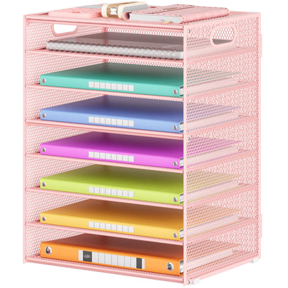 Lavatino 8-Tier Letter Tray Desk Paper Organizer, Mesh File Sorter Tray Organizer for Desk Office Supplies & Home Organization, Fits A4 Paper, Mail, Magazines and Office Accessories (Pink with Handle)