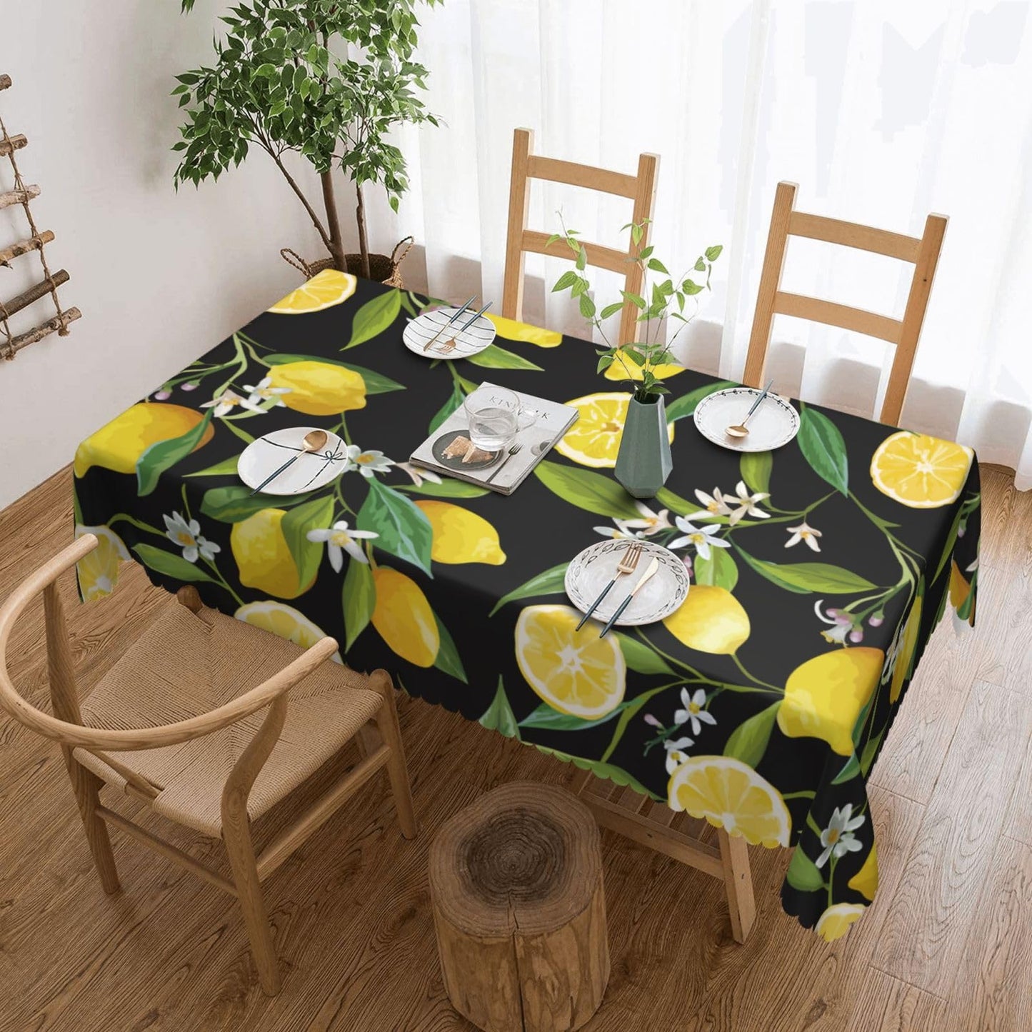 ZYPHORIEL Lemon Fruits Floral Rectangle Tablecloths Black Lemon Table Cloths Dacorative Kitchen Dining Tablecloth for Rectangular Tables,Washable Table Cover for Party 54 x 72 Inch