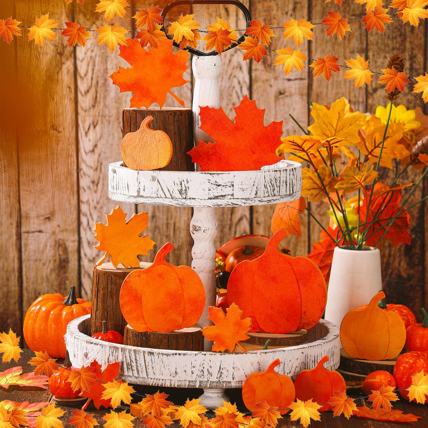 Bencailor 12 Pcs Fall Tiered Tray Decor Wooden Pumpkins Maple Leaf Decor Fall Table Decoration Thanksgiving Centerpiece for Home Desk Office Party Decoration