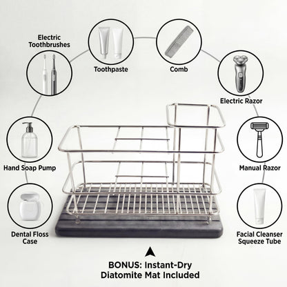 Cong He Toothbrush Holder for Bathroom Countertop, Stainless Steel Electric Toothbrush Organizer with Quick-Drying Diatomite Stone Mat, Rustproof Vanity Caddy for Toothpaste and Razors, Grey