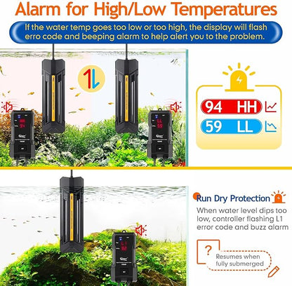 hygger 1200W Aquarium Heater with Controller, Adjustable & Submersible Fish Tank Heater with Digital Display Safety Triple Protection Beeping Alarm for Saltwater and Freshwater 160-280 Gallon