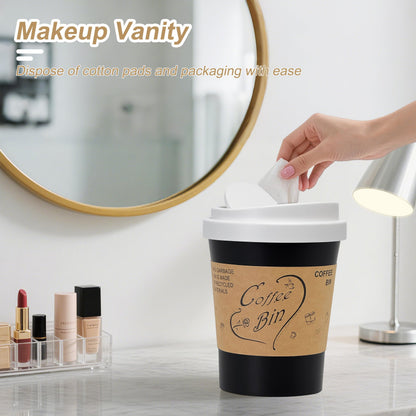 Soddeph Plastic Mini Trash Can with Swing-Top Lid, 0.9 Gallon Desktop Waste Bin for Coffee Table, Office, Small Countertop Wastebasket for Counter, Vanit (White Lid + Black Can, Small)
