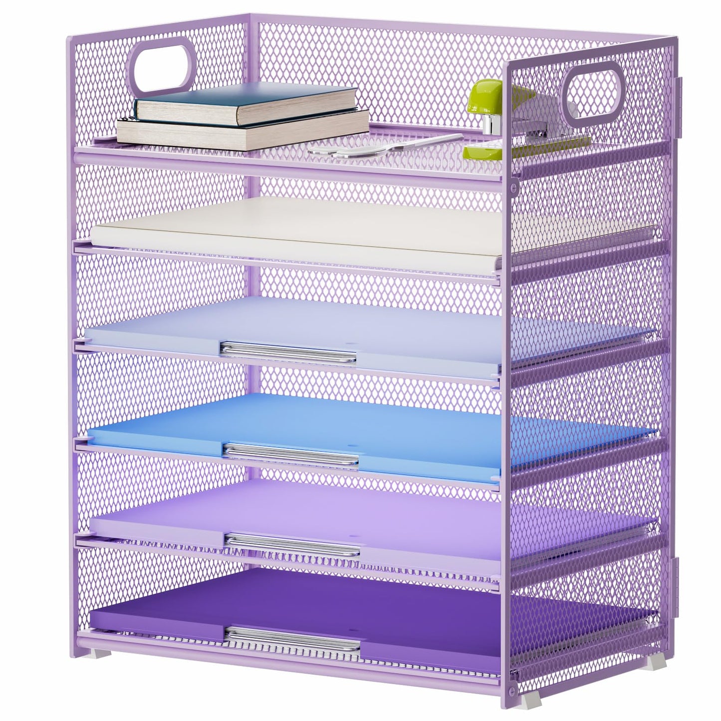 Marbrasse 6 Tier Paper Organizer Letter Tray - Mesh Desk File Organizer with Handle, Paper Sorter for Letter/A4 Office File Folder Holder - Purple