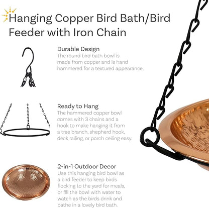Sunnydaze Hand-Hammered Hanging Bird Bath/Feeder - Detachable Bowl with Hanging Chain - Copper Bird Bath Bowl - 17.5" H