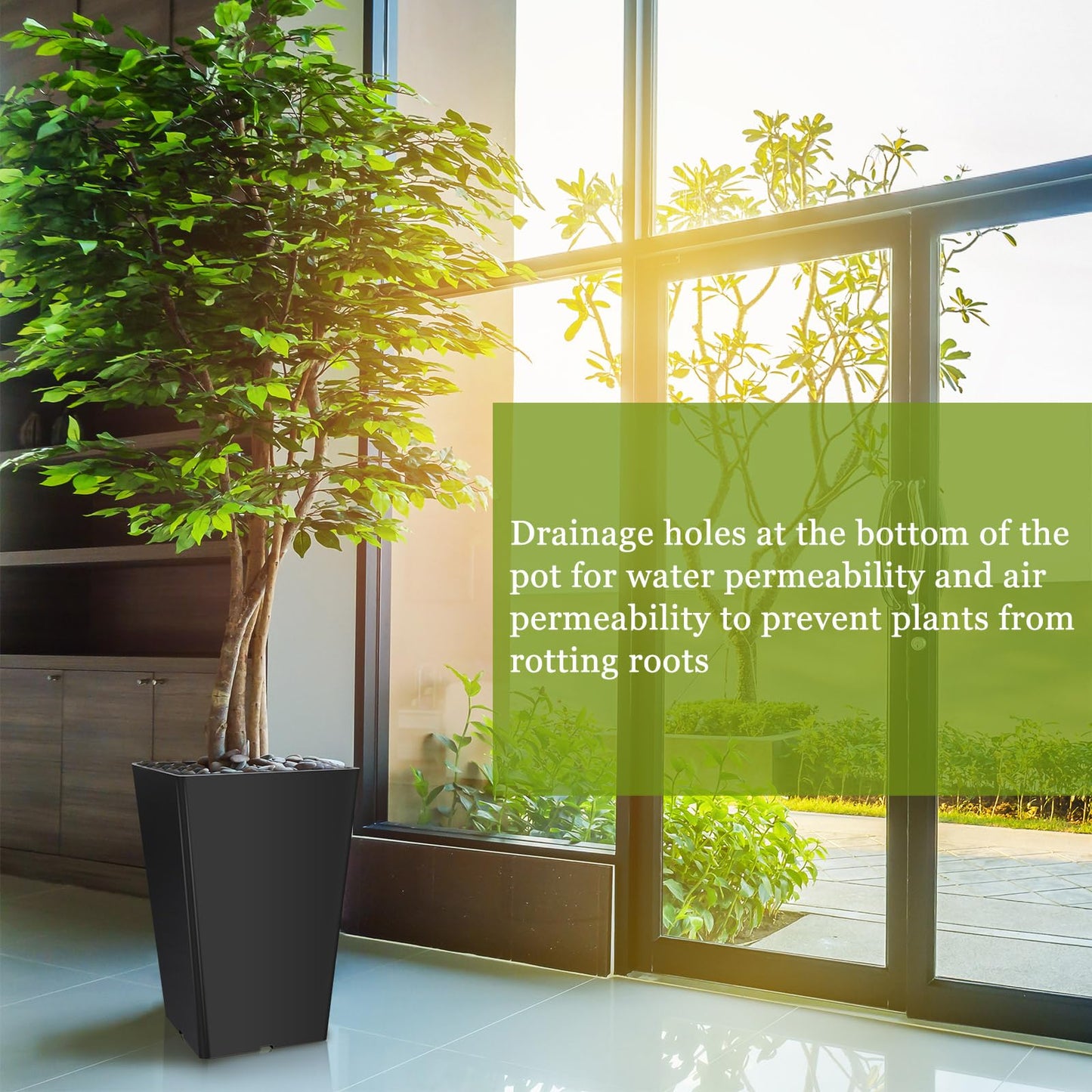 Briwooody Set of 2 15.75 Inch Large Taper Planters Outdoor Indoor Tall Resin Flower Pots with Drainage Holes Modern for Front Door Patio Backyard Plants(Black)