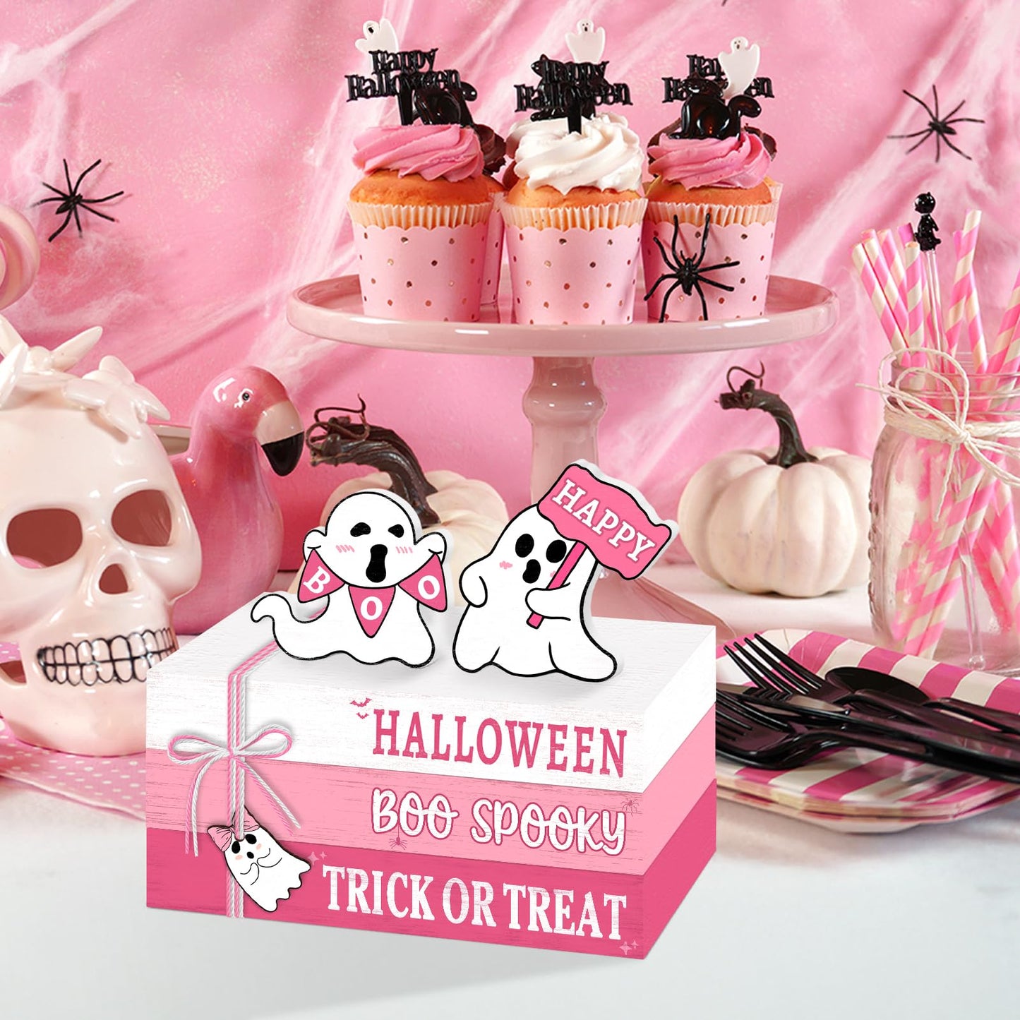 Culudea 6 Pcs Halloween Decorations for home Pink Ghost Wooden Book Stack Sign Halloween Table Decor Tiered Tray Decor with Hanging Ghost Boo Table Centerpiece for Home Shelf Mantel