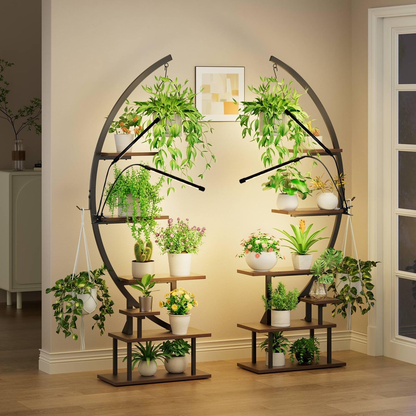 GREENSTELL Plant Stand with Grow Lights, Half Moon 7 Tiered Metal Plant Shelf , Multiple Tier Curved Ladder Flower Pot Stand Display Rack for Indoor Living Room Patio Garden Balcony Dark Brown (2 Pack)