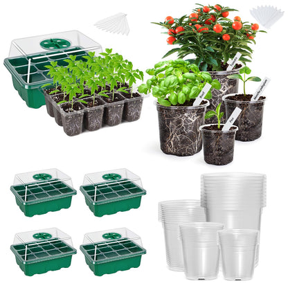 The Bundle of Bonviee 5 Packs Seed Starter Tray and Bonviee 36 Packs Variety Sizes Clear Nursery Pots with Drainage Holes