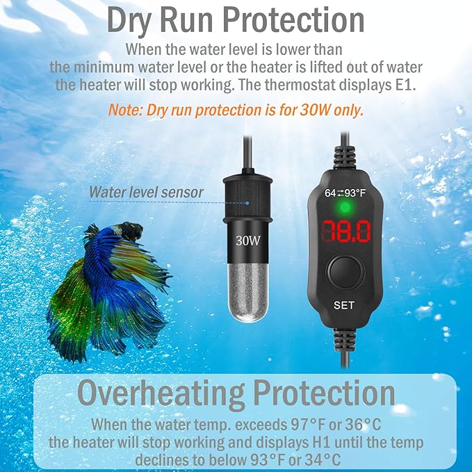 30W Mini Aquarium Heater for 4-6 Gallon Tanks | Submersible Fish Tank Heater with Digital Thermostat, Dry-Run & Overheat Protection, Memory Function