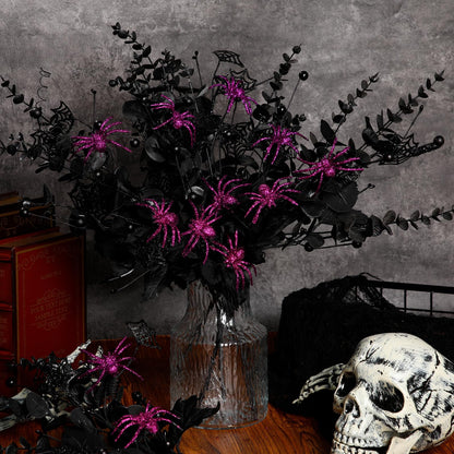 Giegxin 10 Pcs Halloween Floral Picks Halloween Decorations 19.5inch Black Artificial Flowers Branches Eucalyptus Stems Glitter Spiderweb Maple Leaf Stems for Home Indoor Party Vase Arrangement Decor