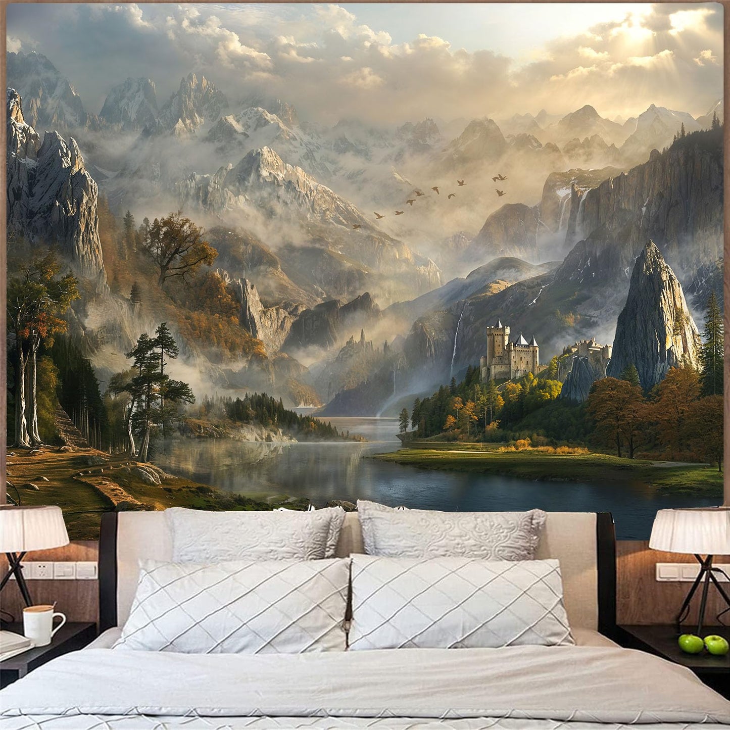 Spenlife Fantasy Valley Castle Wall Tapestry, Enchanted Mountain Lake Tapestries for Room Decor, Scenic Tapestry 60x44 Inch