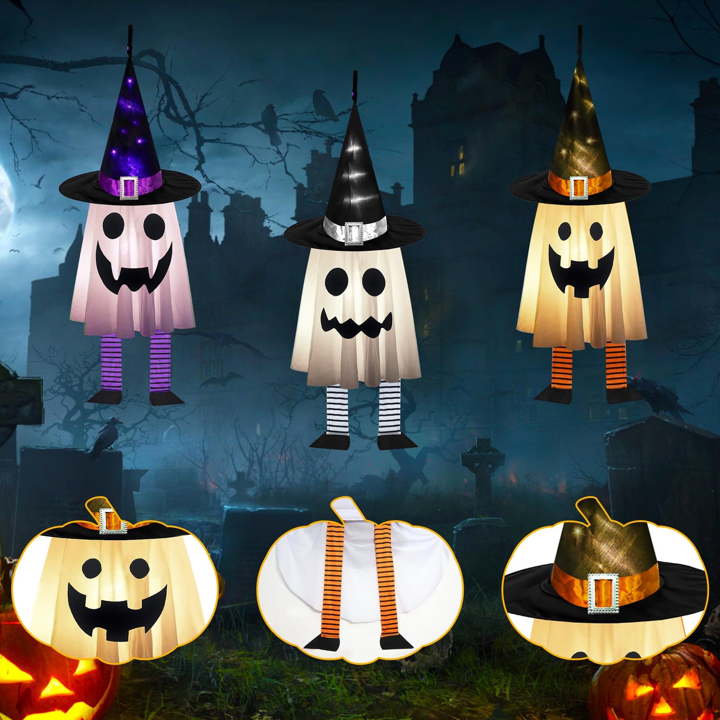Halloween Decorations Outdoor - 3PCS Halloween Hanging Light up Ghosts, Orange & Purple & White Spooky Glowing Ghost Witch Hat for Garden Yard Tree Haunted Houses Indoor Outside