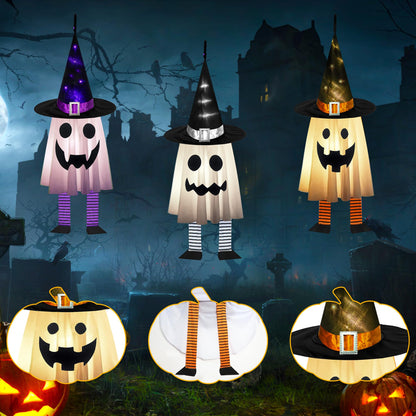 Halloween Decorations Outdoor - 3PCS Halloween Hanging Light up Ghosts, Orange & Purple & White Spooky Glowing Ghost Witch Hat for Garden Yard Tree Haunted Houses Indoor Outside