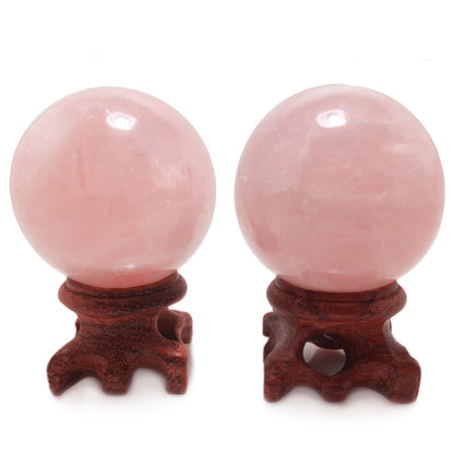 Polar Jade Set of 2 Natural Rose Quartz Crystal Spheres with Wooden Stands, Hand-Polished 45 mm (1.8”) Display Balls for Meditation, Feng Shui & Mindful Décor