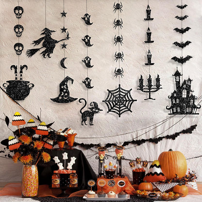 Glitter Black Halloween Hanging Banner Garland Decorations - Ghosts, Witches, Bats, Spiders, Haunted House, Cat and More - Indoor/Outdoor Party Supplies for Gothic Birthday, Home, Office, Classroom