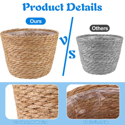 4 Pcs Large Premium Seagrass Planter Basket with Plastic Lining Natural Stylish Planter Baskets Indoor Outdoor Plants Woven Wicker Baskets for Plants Flower Pots Cover and Room Decor(10.2x7.5x7.5")