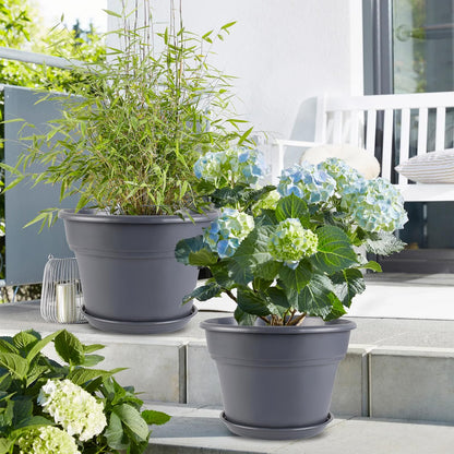 Myfeegoin 13-inch-Plant-Pots, 4 Pack Large Planters for Outdoor Plants, Plastic Flower Pots Indoor with Drainage Holes & Trays, Classic Garden Pot Container for House