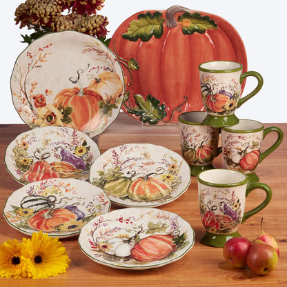 Harvest Morning Ceramic Serving Bowl – Perfect for pasta, salads, or side dishes, this serving bowl showcases vibrant pumpkins and leaves for a stunning fall table centerpiece 128 oz