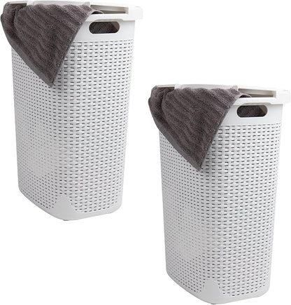 Mind Reader Slim Laundry Hamper with Lid, 60L Tall Clothes Basket, Narrow Tapered Design for Bathrooms, Closets and Laundry Rooms, Plastic, 2 Pack, White
