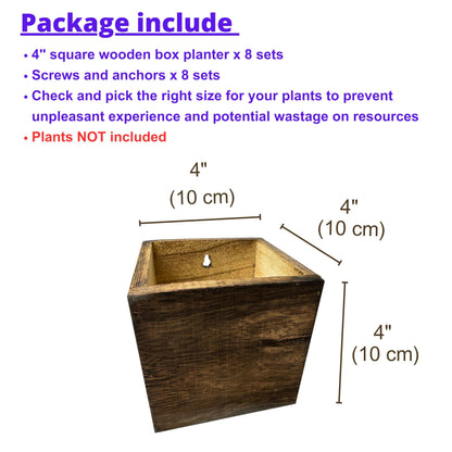LaLaGreen Wood Planter Boxes for Plants (4x4 Inch, 8 Pack) Small Square Wall Mounted Planters for Indoor Plant, Herb Wooden Box Hanging Flower Pot Plant Holder Outdoor Fence Vertical Garden Home Decor