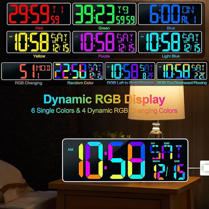 17.2" Large Digital Wall Clock 10 RGB Colors 9 Group Timer Remote Control | Large Display for Living Room Classroom Garage LED Wall Clock with Temperature Date Week Auto DST Gift for Senior Mom Dad