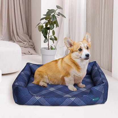 Orthopedic Bolster Dog Bed – CertiPUR-US Foam, Recycled Polyester Canvas, Washable Cover, Anti-Slip Bottom, Medium, Navy Plaid – Stylish Designer Dog Sofa