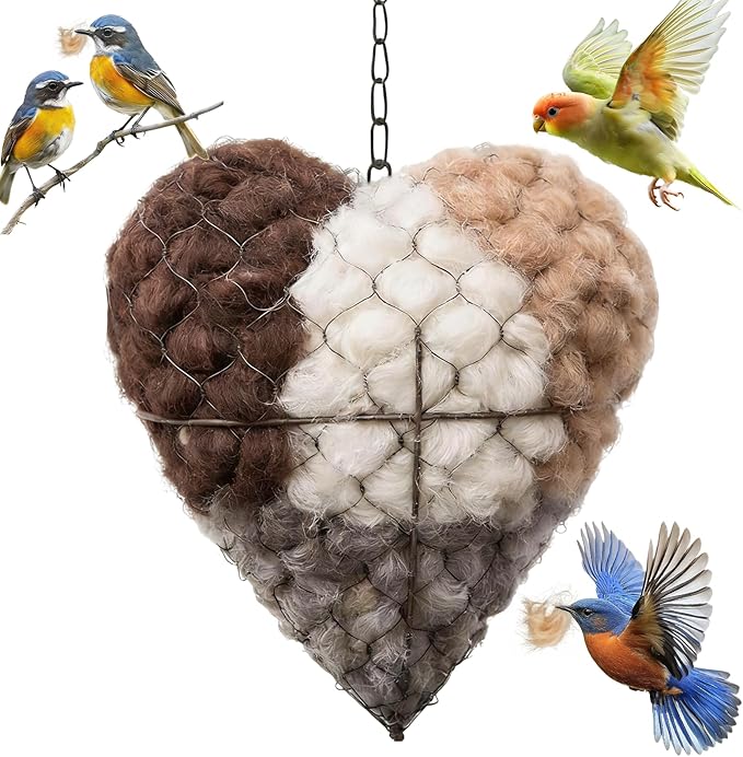 Handmade Fiber Bird Nesting Heart, Refillable Birds Haven 1 Heart Shape Hummingbird Nesting and 2 Bags of Nest Materials, Winter Fowl Gifts Animal Hummingbirds Lovers Home Garden Yard