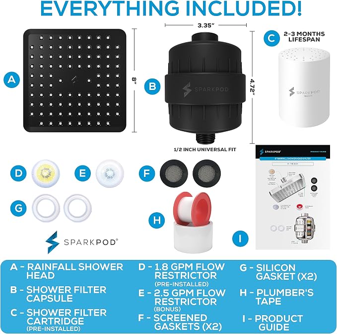 SparkPod 23-Stage Filtered Shower Head, 8" Square, Black Matte | Filtered Shower Head for Hard Water Filter, High Pressure, Reduces Chlorine, Heavy Metals, For Dry Skin & Hair