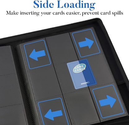 Premium Zip Card Binder, Fabmaker 9 Pocket Trading Card Binder, PU Cover Zipper Card Collection Album, Sturdy 360 Side-Loading Card Folder Holder for Game & Sports Cards, Black