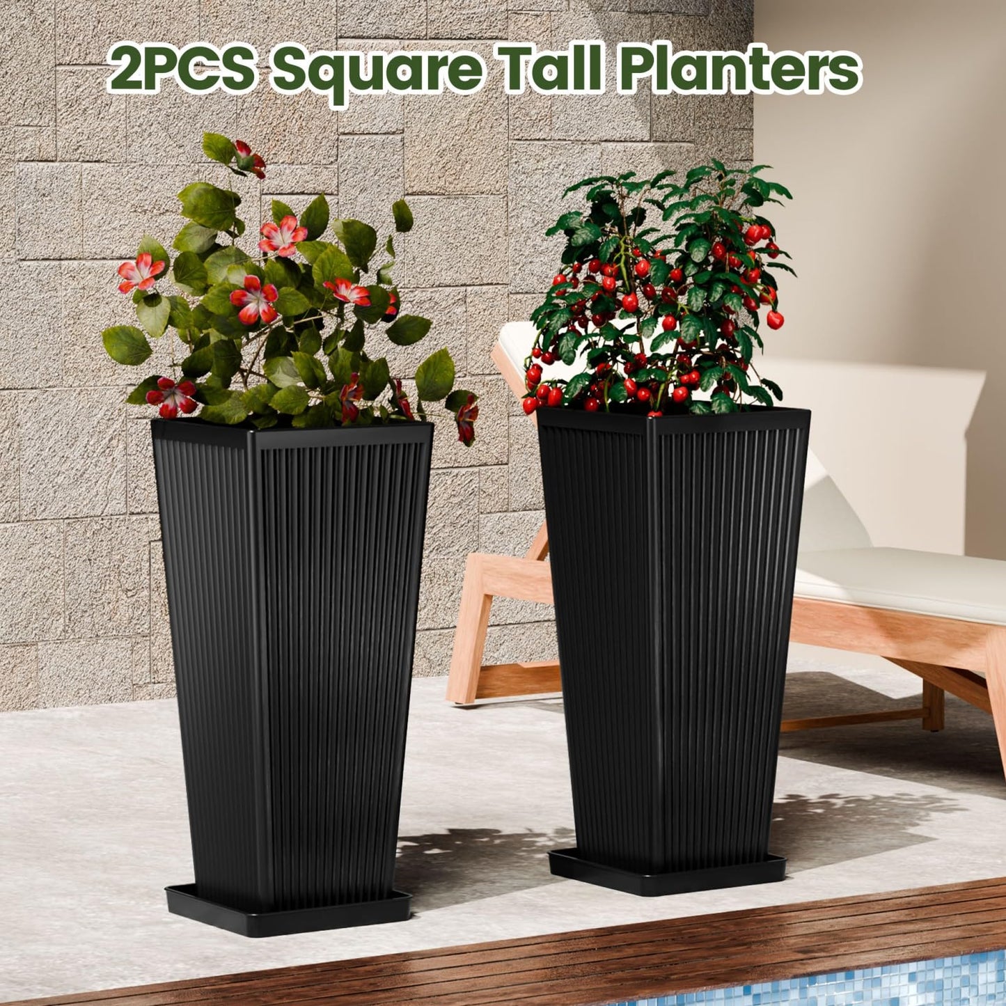 Diyfire Front Porch Planters Outdoor Set of 2, 24" Tall Plastic Planters for Outdoor Plants with Drainage, Extra Large Outdoor Planter Pots, Tapered Tall Planters for Front Door & Indoor Plants, Black