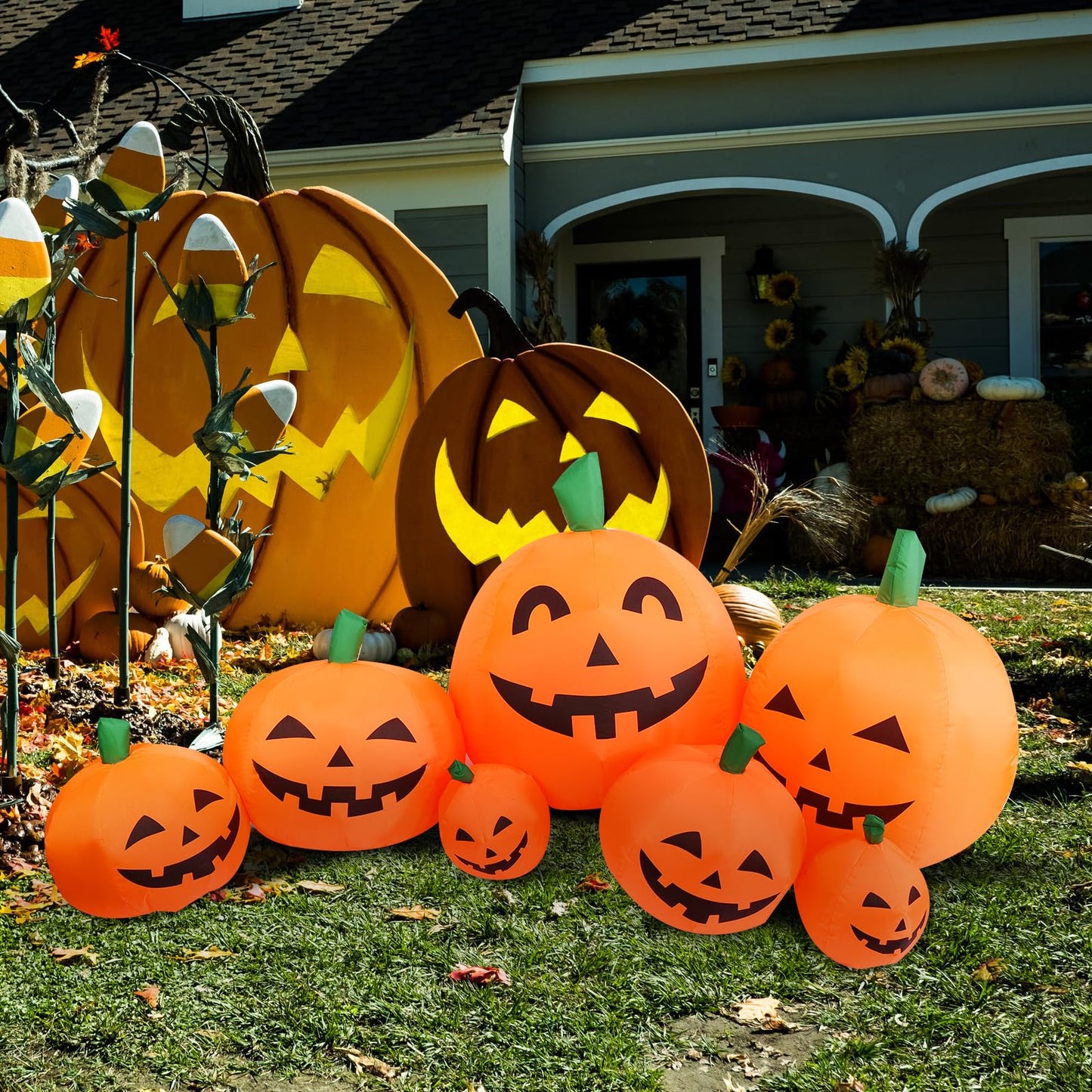 DearSun 8.0FT Long Halloween Inflatable Pumpkin Patch Fall Inflatable Thanksgiving Inflatable Pumpkin Patch Blow up Pumpkin Decor Outer Large Party Yard Decoration