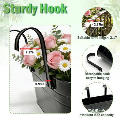 SYITCUN Metal Railing Planter Boxes 16 Inch, 3-Pack Adjustable Hanging Flower Pots for Balcony, Deck, Porch & Fence, Detachable Hook Design, Black Heavy Duty Planters for Outdoor