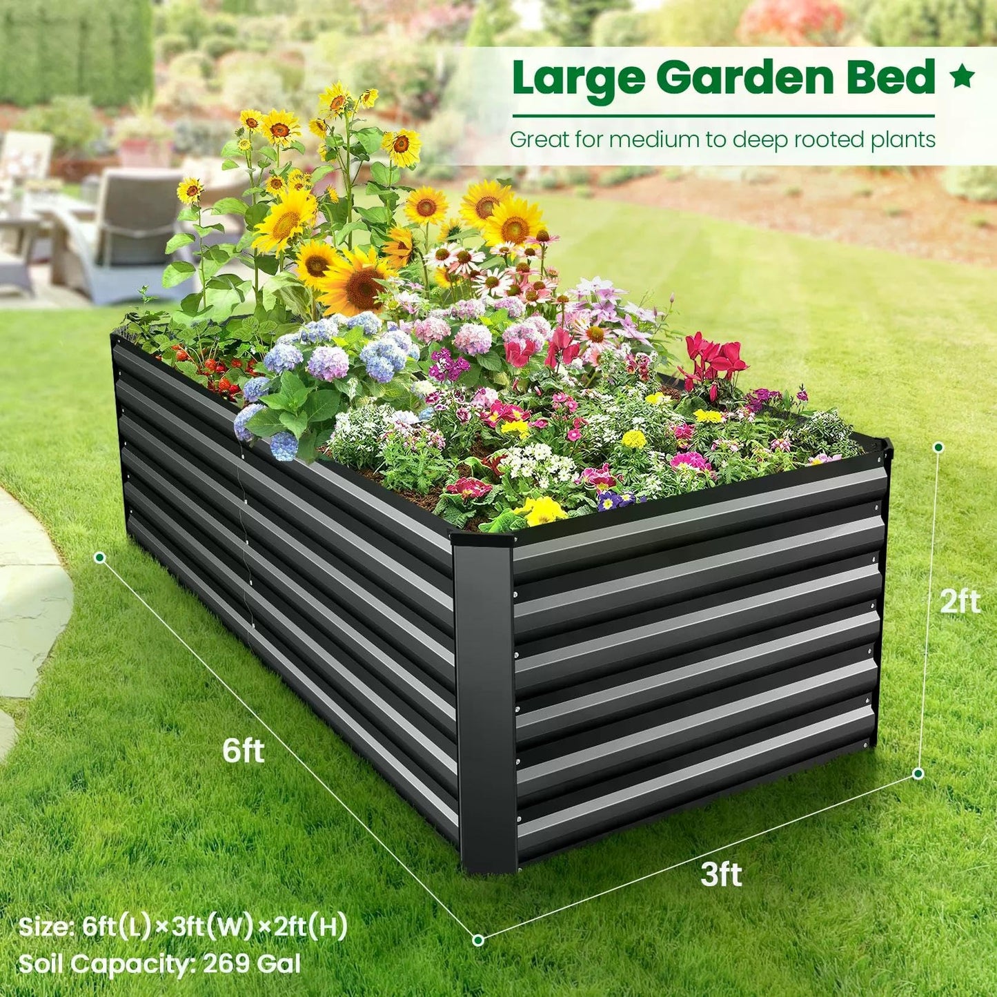 Homdox 6×3×2FT Galvanized Metal Raised Garden Bed Kit, Deep Root Elevated Planter Box w/Anti Cutting Strip & A Pair of Gloves, for Vegetables, Flowers, Herbs, Succulents, 265 Gallon Capacity, Black