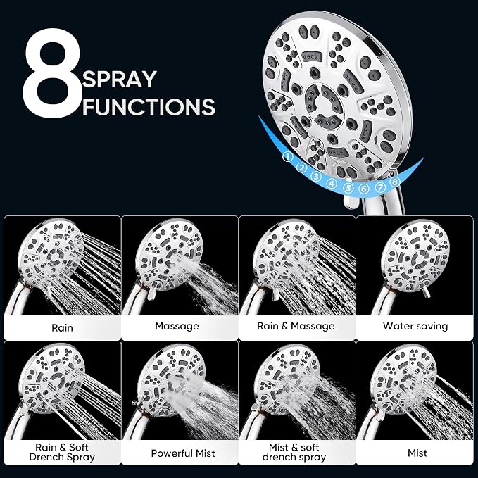 Cobbe 8-Setting Handheld Shower Head Bathroom Showerhead Set - Detachable Shower Heads with 5ft Stainless Steel Hose and Brass Swivel Bracket (Chrome)