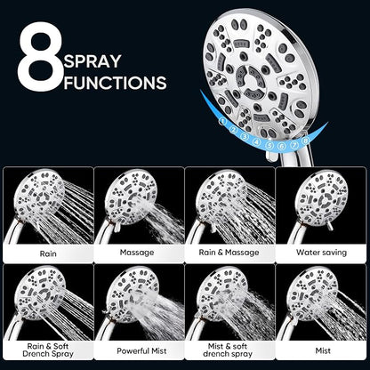 Cobbe 8-Setting Handheld Shower Head Bathroom Showerhead Set - Detachable Shower Heads with 5ft Stainless Steel Hose and Brass Swivel Bracket (Chrome)
