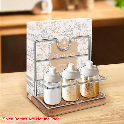 Livabber Napkin Holder, Metal Napkin Storage with Salt and Pepper Shakers Caddy Modern Napkin Dispenser for Table Kitchen Countertop, Not Including Salt and Pepper Shakers (Middle Wooden, Chrome)