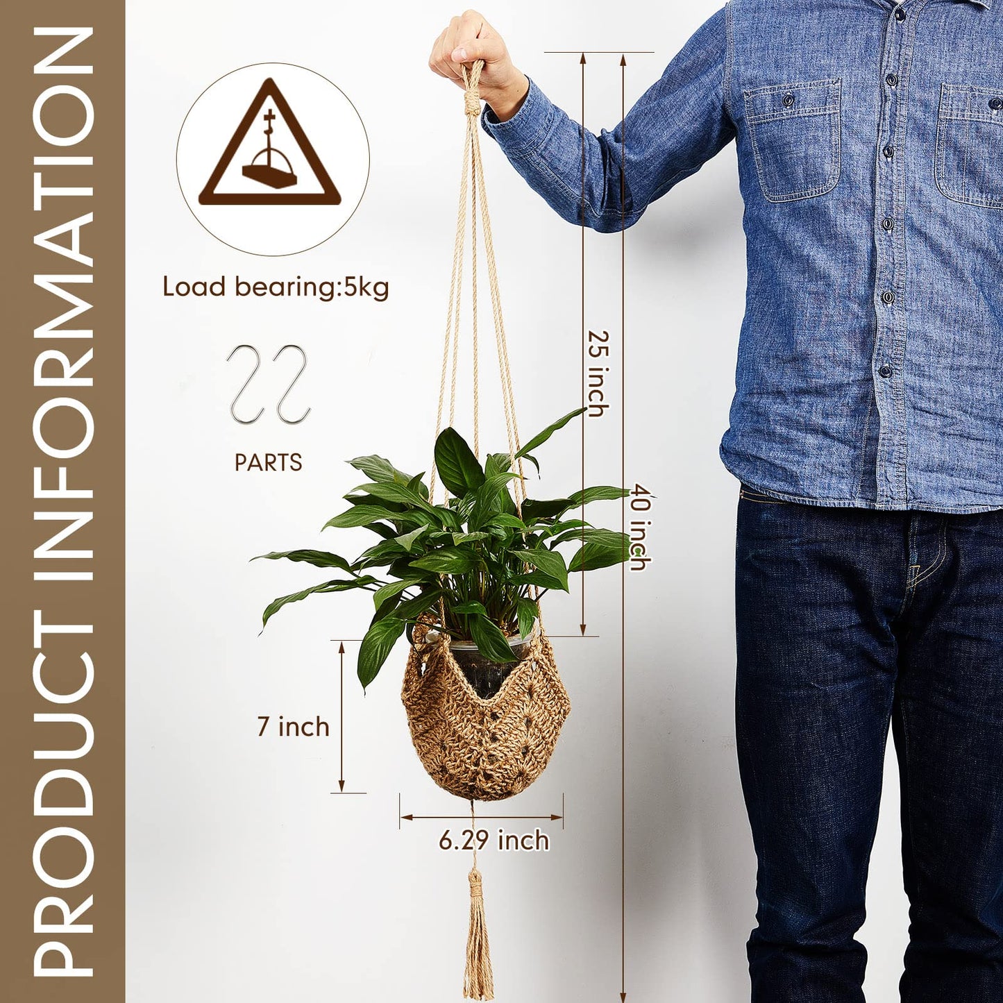 Shappy 2 Pack Jute Crochet Long Plant Hanger for 3 Inch to 12 Inch Pots, Macrame Plant Holder Rope with S Shaped Hooks for Halloween Home Decor (Brown)