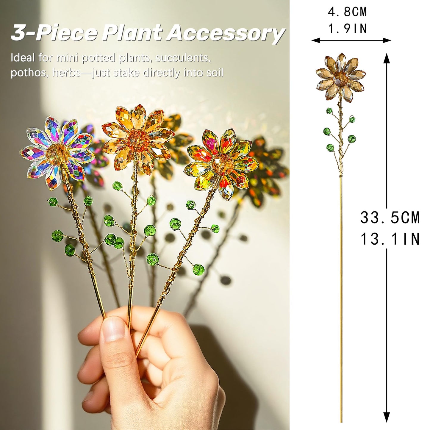 H&D HYALINE & DORA 3 Pcs Crystal Sunflower Suncatchers with 13'' Gold Trellis Metal Plant Stake for Indoor Outdoor Garden Potted Plants Decorations Plant Lover Gift(Ab, Red, Amber)